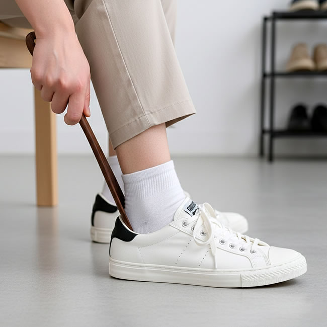  
ロングシューホーンを使ってスニーカーを履く様子 