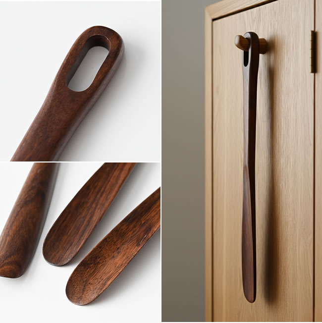  
木目のディテールと吊り下げ収納できる穴のあるシューホーン 
