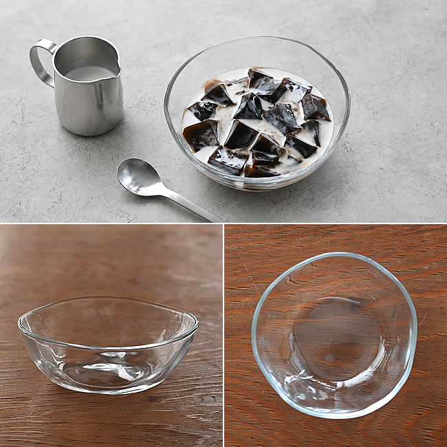 コーヒーゼリーを盛り付けたガラス小鉢と器の形状が分かる詳細カット