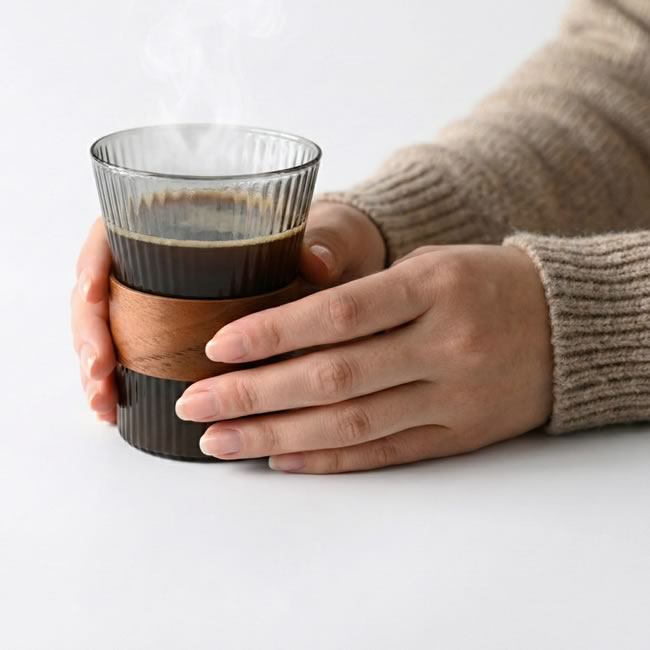  
温かいコーヒーを注いだ木製スリーブ付きガラスカップ 