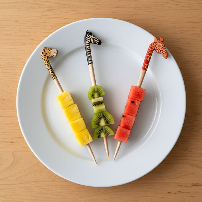  
フルーツを刺した木製アニマルピックの使用イメージ