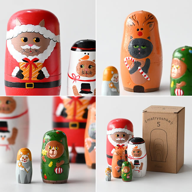 猫のマトリョーシカ】クリスマスを楽しむ木製オブジェ 5体セット