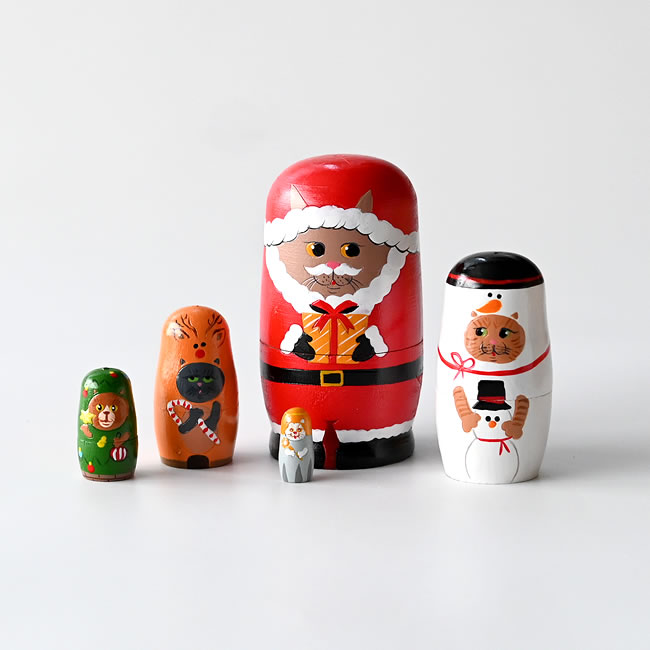 beamsのマトリョーシカ・クラゲ・木製彫刻のセット 猫のマトリョーシカ】クリスマスを楽しむ木製オブジェ 5体セット