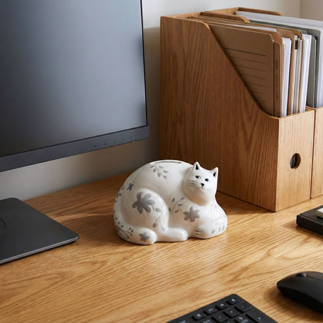  
デスク上に置かれた陶器のねこ型貯金箱 