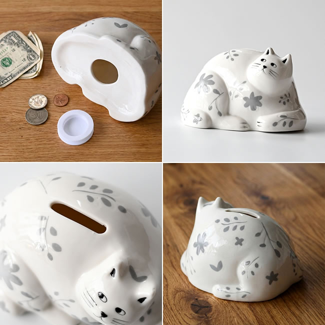  
底面にゴム栓が付いたねこ型貯金箱 