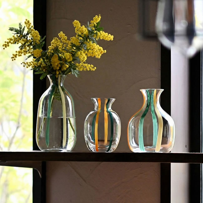 縦縞カラー ガラスベース S・M・L｜レトロモダン花瓶｜ゼネラルストア