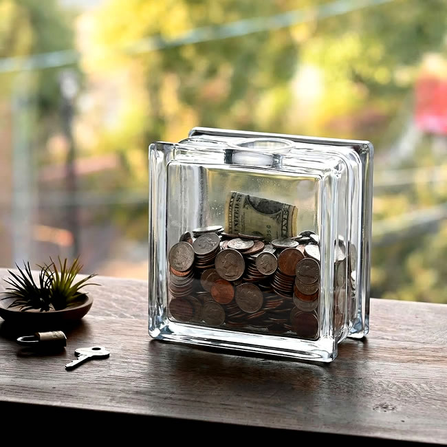 コインや紙幣を入れて楽しめるガラスブロックデザインの貯金箱