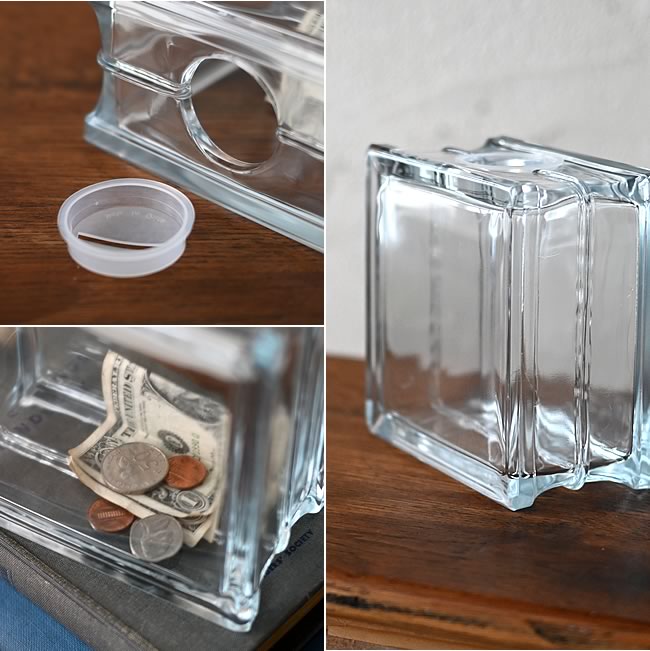 厚みのあるガラスの質感やキャップのディテールがわかる貯金箱