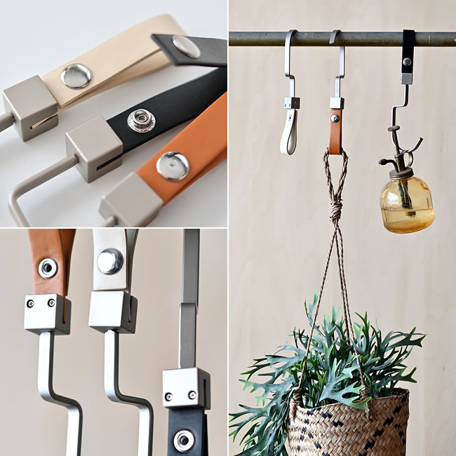 ストラップと金具のディテールと植物を吊るした使用例