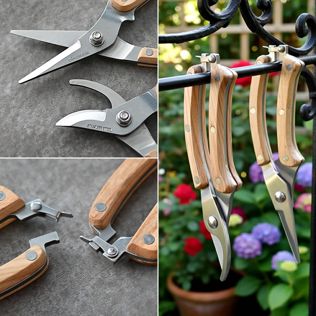  
ステンレス刃と木製ハンドルのディテールとロック機構のアップ 