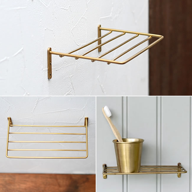 真鍮ワイヤーシェルフの全体と歯ブラシスタンドを置いた使用例がわかる商品イメージ
