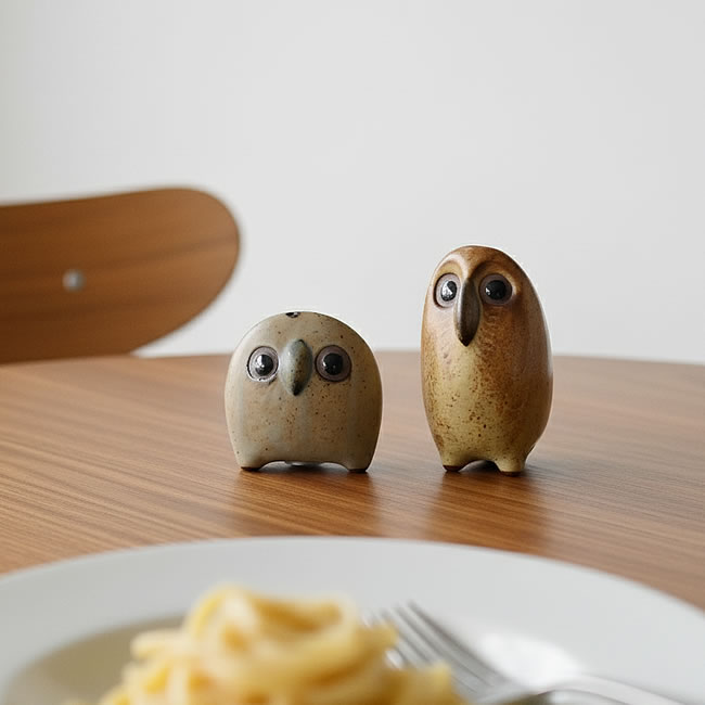  
食卓に並ぶフクロウの調味料入れ親子とパスタ 