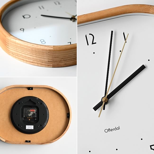  
Mutka ウォールクロックの木枠ディテール・針デザイン・裏面ムーブメント詳細 