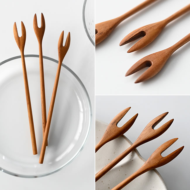  
チーク材の木製フルーツフォークを複数並べた様子 