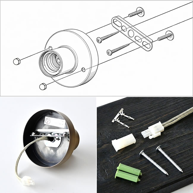  
壁付け・天井付け兼用照明の構造図と取付パーツ一式 