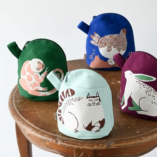  
moritaMiW 不思議な動物柄マチ付きポーチ4色セット ころんとした形 厚手コットン素材 