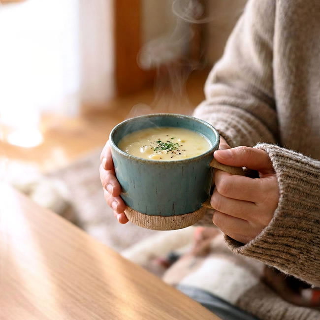  
スープを入れて持つ陶器製マグカップ 