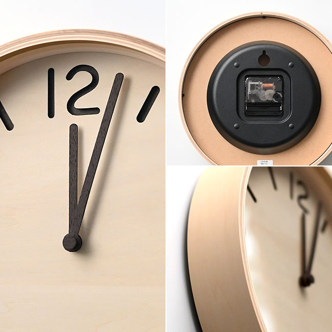  
木製針と抜き数字のディテールと背面ムーブメント構造 