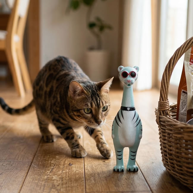 猫のそばに置かれたミントカラーのネコ科モチーフのスクイーズアニマル