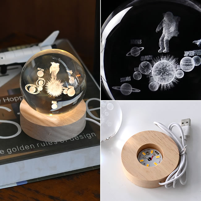 GALAXY LED GLOBE 宇宙モチーフの3D彫刻と木製LEDスタンド詳細