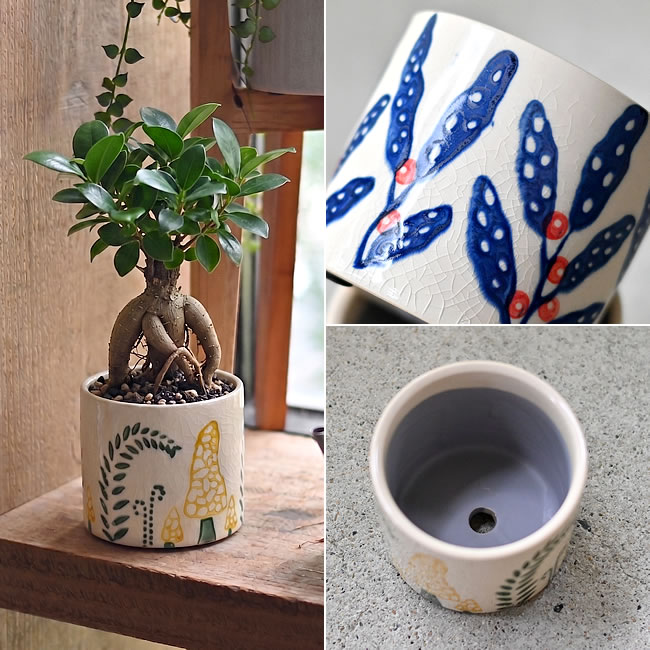 イエローの植栽例と手押しスタンプの模様・底穴のディテール