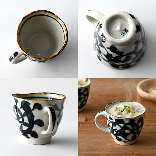  
手描きの唐草模様が施されたマグカップのディテール 