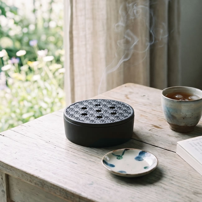 信楽焼の黒い麻の葉模様の蚊遣り器を木のテーブルに置いた使用イメージ