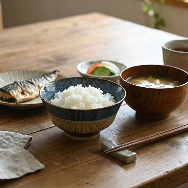  
藍と茶の十草柄が美しい飯碗と味噌汁のある和の朝食シーン 
