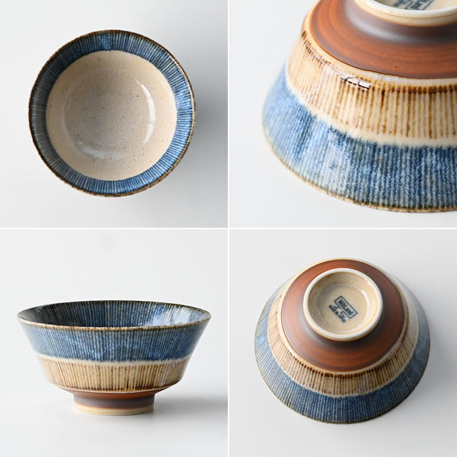  
藍茶十草柄の飯碗を上から見たデザインと釉薬の風合い 