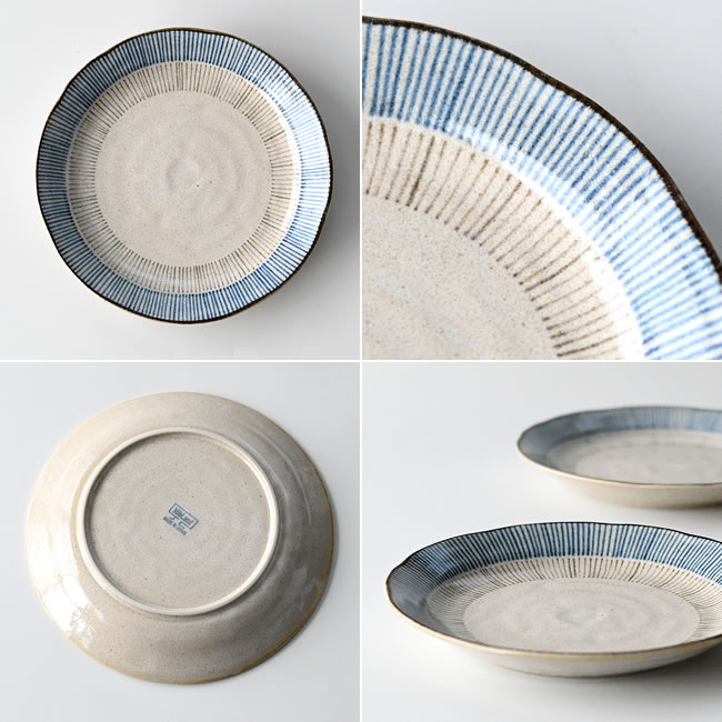  
藍と茶の十草模様が美しい青茶十草 大皿の正面デザイン 