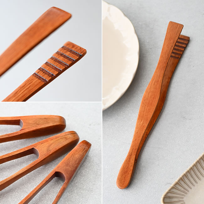 WOOD トングの先端の溝、持ち手の形状、天然木の木目の詳細