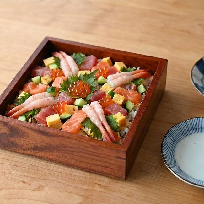  
ブラウン木製重箱に盛り付けた華やかなちらし寿司 