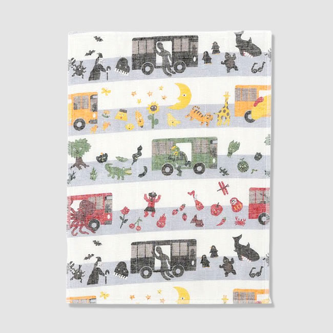 いろいろバス柄 かや織ふきん デザイン