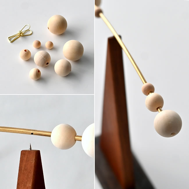  
ウッドボール4サイズと真鍮ロッドのパーツ詳細 クローズアップ 