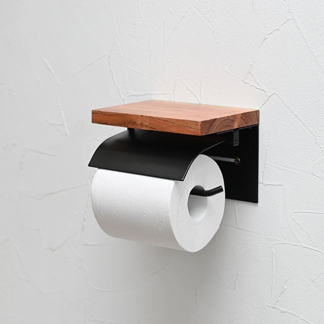 ブラックフレームの棚付きトイレットペーパーホルダー