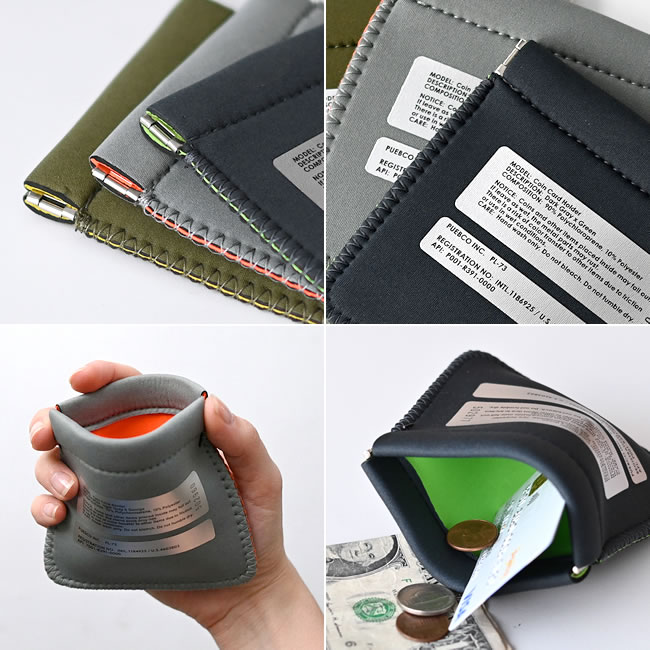 ステッチや内側カラー、開閉のしなやかさがわかるコイン＆カードホルダーのディテール