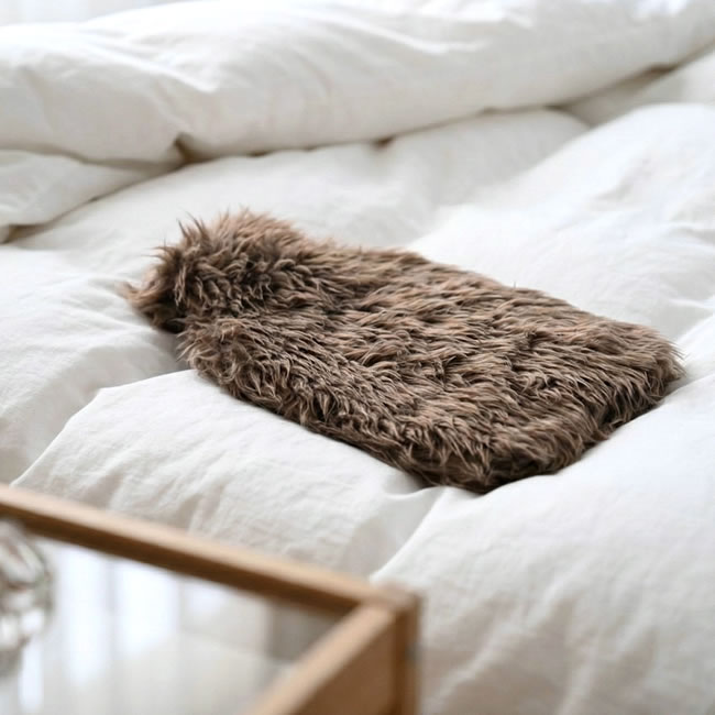  
ベッドの上に置かれたブラウンのふわふわ湯たんぽ 