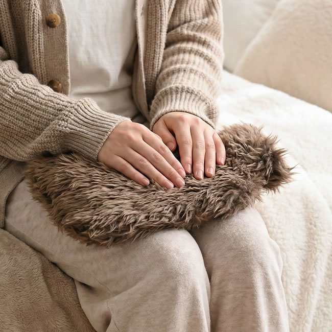  
ひざの上で湯たんぽを抱えて温まる様子 