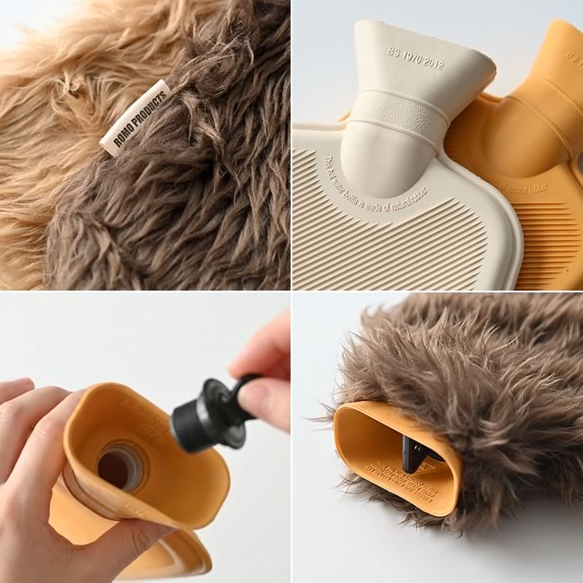  
湯たんぽをファーカバーへ差し込む様子 