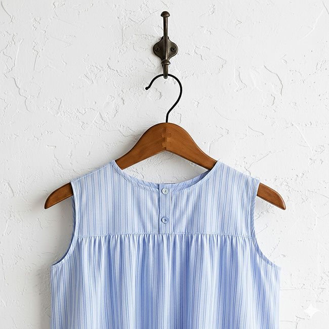  
白い壁に取り付けたフックに、木製ハンガーでブルーストライプのブラウスが掛けられている様子。 