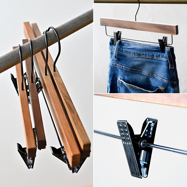  
ロータス プレスハンガーのディテールと使用イメージ。木部とクリップのアップ 