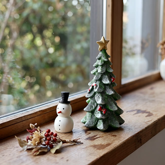 木の窓辺に雪だるまのオブジェと並べた、雪化粧のクリスマスツリー