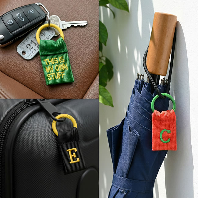  
鍵や傘、スーツケースにツートンタグを付けた使用例 