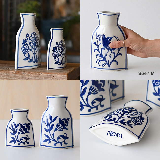 SサイズとMサイズの比較や手に持った大きさがわかる陶器フラットベース