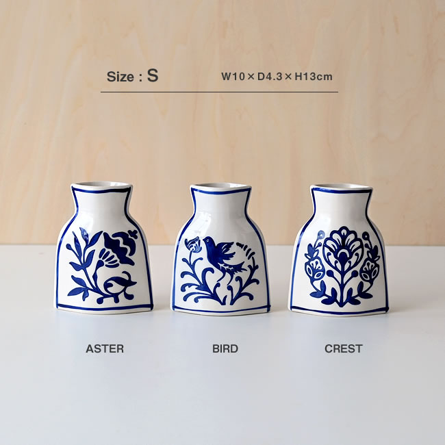 Sサイズの3柄展開がわかる青白陶器フラットベース