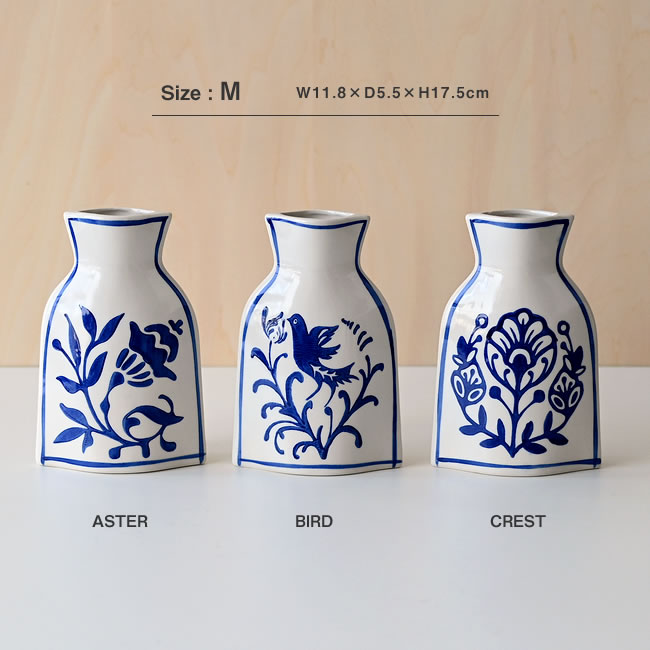 Mサイズの3柄展開がわかる青白陶器フラットベース