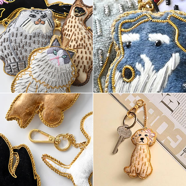 ザリ刺繍キーホルダーの刺繍や金具のディテール